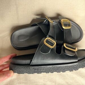 Black Meijia Sandals with Gold Buckles chunky slides